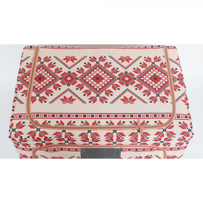 Cutie de Depozitare Pliabila, Flippy,100 L din Bumbac si In, 60X42X40 cm, Fereastra Frontala, 2 Usi de Acces cu Fermoar Bidirectional, Cadru Metalic, Suport Baza Stabil din Plastic, Motiv Traditional  [2]