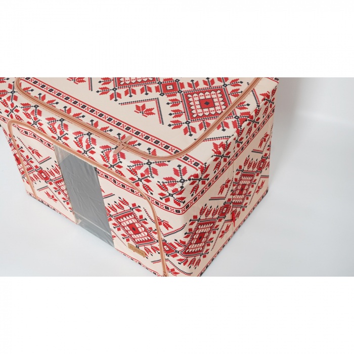Cutie de Depozitare Pliabila, Flippy,100 L din Bumbac si In, 60X42X40 cm, Fereastra Frontala, 2 Usi de Acces cu Fermoar Bidirectional, Cadru Metalic, Suport Baza Stabil din Plastic, Motiv Traditional  [3]