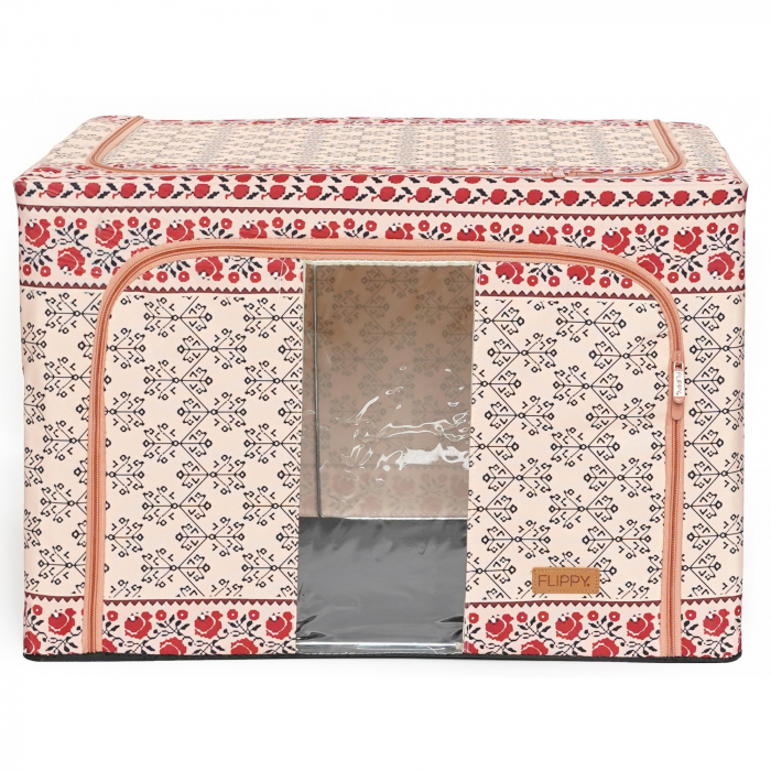 Cutie de Depozitare Pliabila, Flippy,100 L din Bumbac si In, 60X42X40 cm, Fereastra Frontala, 2 Usi de Acces cu Fermoar Bidirectional, Cadru Metalic, Suport Baza Stabil din Plastic, Motiv Traditional  [11]