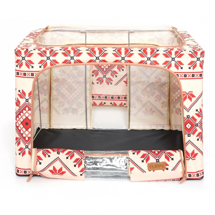 Cutie de Depozitare Pliabila, Flippy,100 L din Bumbac si In, 60X42X40 cm, Fereastra Frontala, 2 Usi de Acces cu Fermoar Bidirectional, Cadru Metalic, Suport Baza Stabil din Plastic, Motiv Traditional  [5]