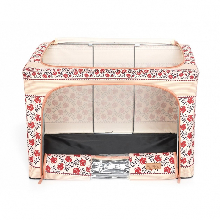 Cutie de Depozitare Pliabila, Flippy,100 L din Bumbac si In, 60X42X40 cm, Fereastra Frontala, 2 Usi de Acces cu Fermoar Bidirectional, Cadru Metalic, Suport Baza Stabil din Plastic, Motiv Traditional  [9]