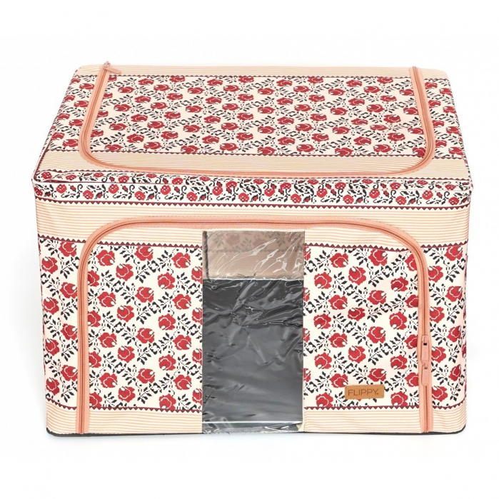 Cutie de Depozitare Pliabila, Flippy,100 L din Bumbac si In, 60X42X40 cm, Fereastra Frontala, 2 Usi de Acces cu Fermoar Bidirectional, Cadru Metalic, Suport Baza Stabil din Plastic, Motiv Traditional  [5]