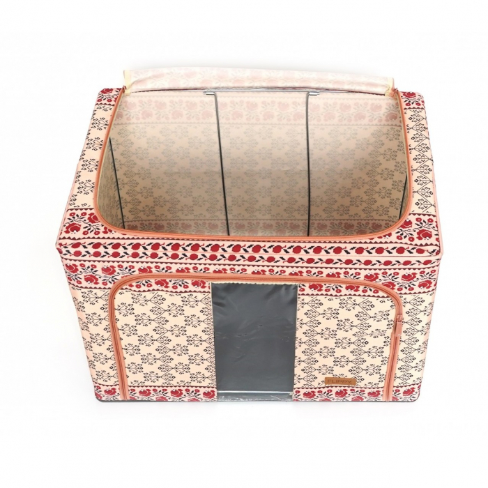Cutie de Depozitare Pliabila, Flippy,100 L din Bumbac si In, 60X42X40 cm, Fereastra Frontala, 2 Usi de Acces cu Fermoar Bidirectional, Cadru Metalic, Suport Baza Stabil din Plastic, Motiv Traditional  [6]