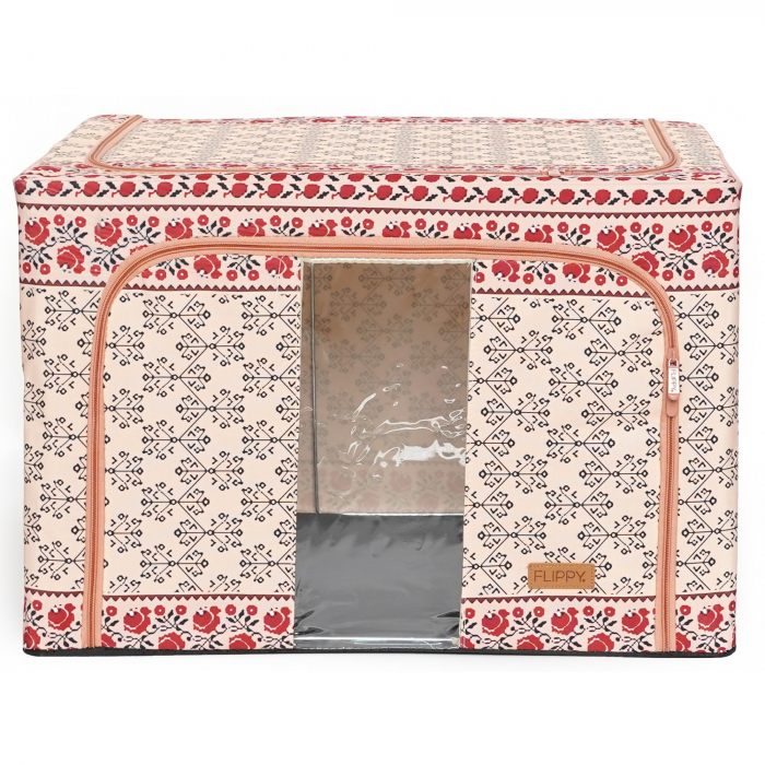 Cutie de Depozitare Pliabila, Flippy,100 L din Bumbac si In, 60X42X40 cm, Fereastra Frontala, 2 Usi de Acces cu Fermoar Bidirectional, Cadru Metalic, Suport Baza Stabil din Plastic, Motiv Traditional  [1]