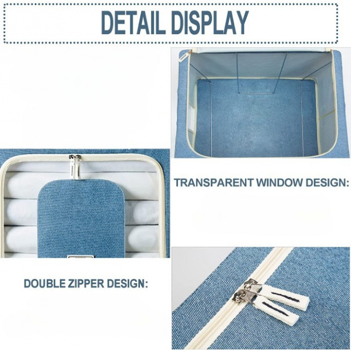 Cutie de Depozitare Pliabila, Flippy, 24 L, din Bumbac si In, 40x30x20 cm, Fereastra Frontala, 2 Usi de Acces cu Fermoar Bidirectional, Cadru Metalic, Suport Baza Stabil din Plastic, Albastru Marin [4]
