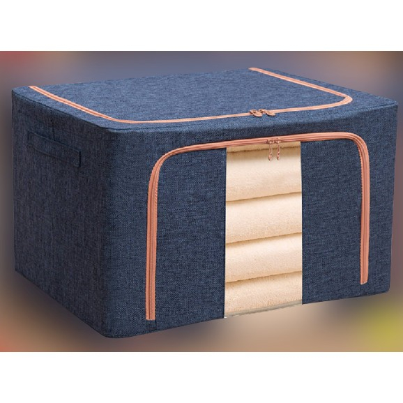 Cutie de Depozitare Pliabila, Flippy, 24 L, din Bumbac si In, 40x30x20 cm, Fereastra Frontala, 2 Usi de Acces cu Fermoar Bidirectional, Cadru Metalic, Suport Baza Stabil din Plastic, Albastru Marin [2]