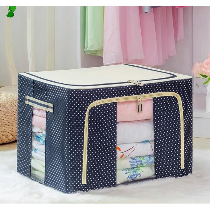 Cutie de Depozitare Pliabila, Flippy, 24 L, Panza Oxford, 40x30x20 cm, Fereastra Frontala, 2 Usi de Acces cu Fermoar Bidirectional, Cadru Metalic, Suport Baza Stabil din Plastic, Imprimeu buline, Alba [1]