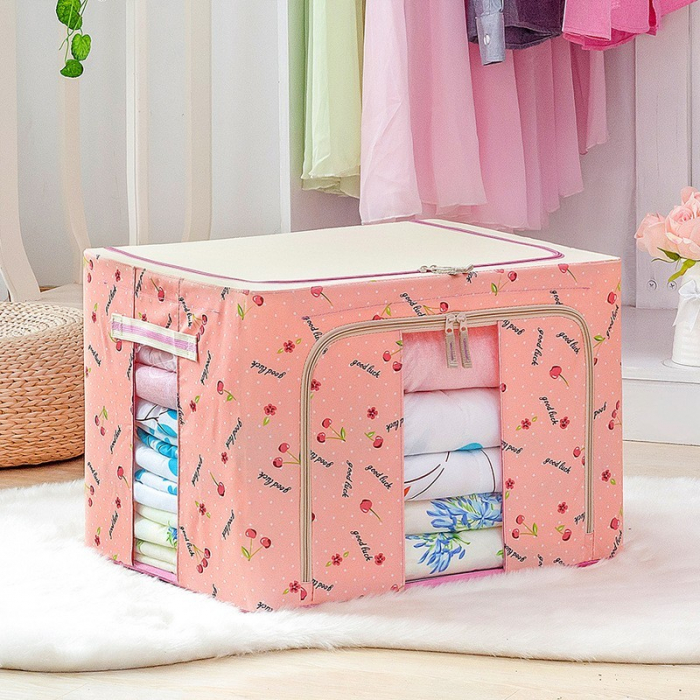 Cutie de Depozitare Pliabila, Flippy, 24 L, Panza Oxford, 40x30x20 cm, Fereastra Frontala, 2 Usi de Acces cu Fermoar Bidirectional, Cadru Metalic, Suport Baza Stabil din Plastic, Imprimeu Cirese, Roz [1]