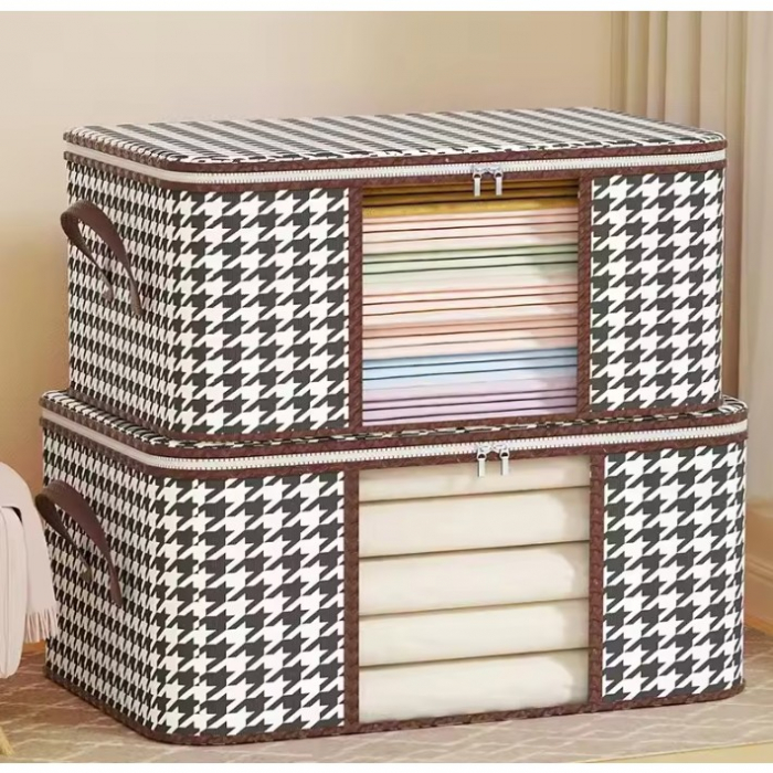 *LICHIDARE STOC* Cutie de Depozitare Pliabila, Flippy, 60x40x30 cm, 75 L, Fereastra Frontala, cu Fermoar Bidirectional, Suport Baza Stabil, Imprimeu in Carouri, Alb/Negru [9]