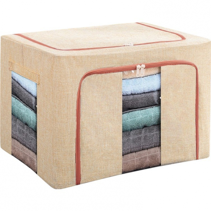 Cutie de Depozitare Pliabila, Flippy, 66 L, din Bumbac si In, 50x40x33 cm, 2 Ferestre, Frontala si Laterala, 2 Usi de Acces cu Fermoar Bidirectional, Cadru Metalic, Suport Baza Stabil din Plastic, Bej [5]