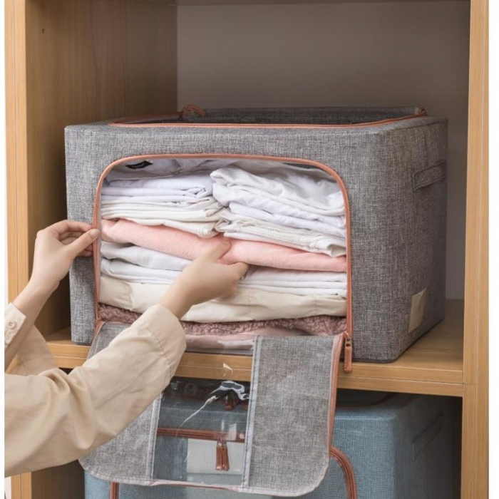 Cutie de Depozitare Pliabila, Flippy, 66 L, din Bumbac si In, 50x40x33 cm, Fereastra Frontala, 2 Usi de Acces cu Fermoar Bidirectional, Cadru Metalic, Suport Baza Stabil din Plastic, Gri [14]