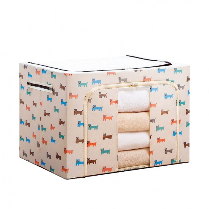 Cutie de Depozitare Pliabila, Flippy, 66 L, Panza Oxford, 50x40x33 cm, Fereastra Frontala, 2 Usi de Acces cu Fermoar Bidirectional, Cadru Metalic, Suport Baza Stabil din Plastic, Imprimeu Catelus, Bej [5]