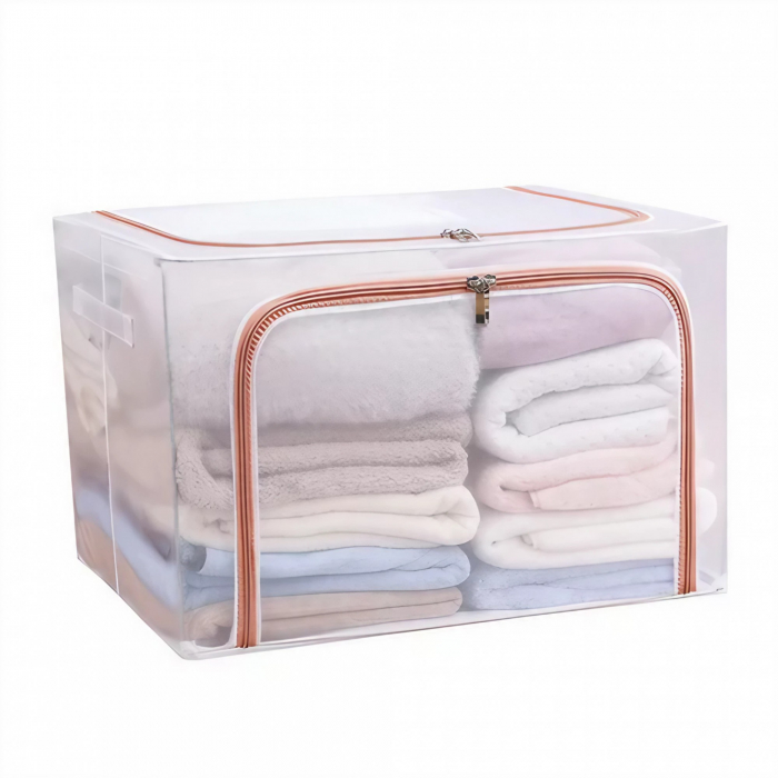 Cutie de Depozitare Pliabila, Flippy, Cu Fereastra si Fermoar Dublu Rosu, 66 L, Textil, 50x40x33 cm, Cadru Metalic, Impermeabila, Transparent [1]