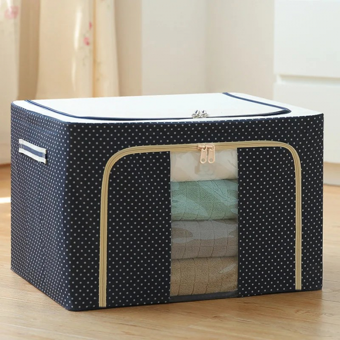 Cutie de Depozitare Pliabila, Flippy, Cu Fermoar, 100 L, Textil, 60x42x40 cm, Albastru Marin, Cadru Metalic, Suport Baza Stabil din Plastic, Imprimeu buline [9]