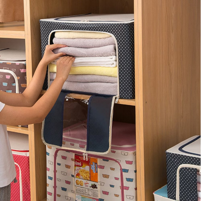 Cutie de Depozitare Pliabila, Flippy, Cu Fermoar, 100 L, Textil, 60x42x40 cm, Albastru Marin, Cadru Metalic, Suport Baza Stabil din Plastic, Imprimeu buline [6]