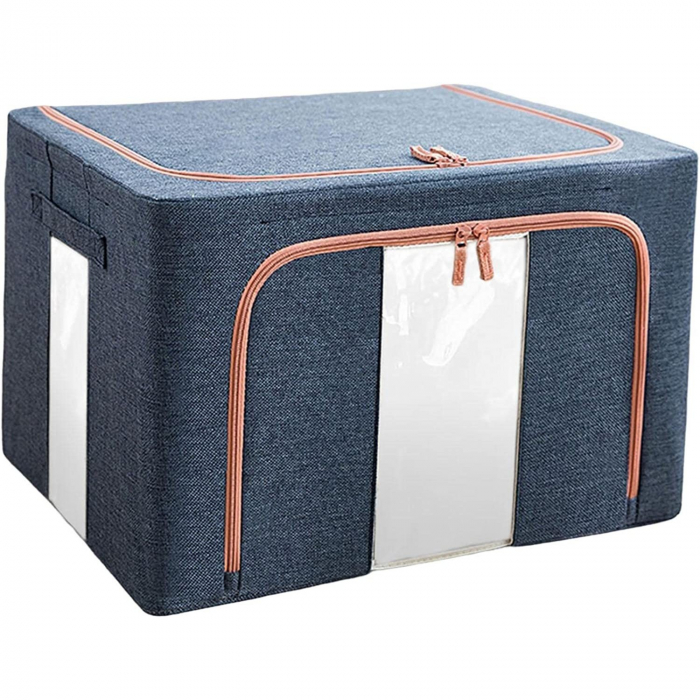 Cutie de Depozitare Pliabila, Flippy, Cu Fermoar, 100 L, Textil, 60x42x40 cm, Cadru Metalic, Suport Baza Stabil din Plastic, Albastru Marin cu Doua Ferestre [1]