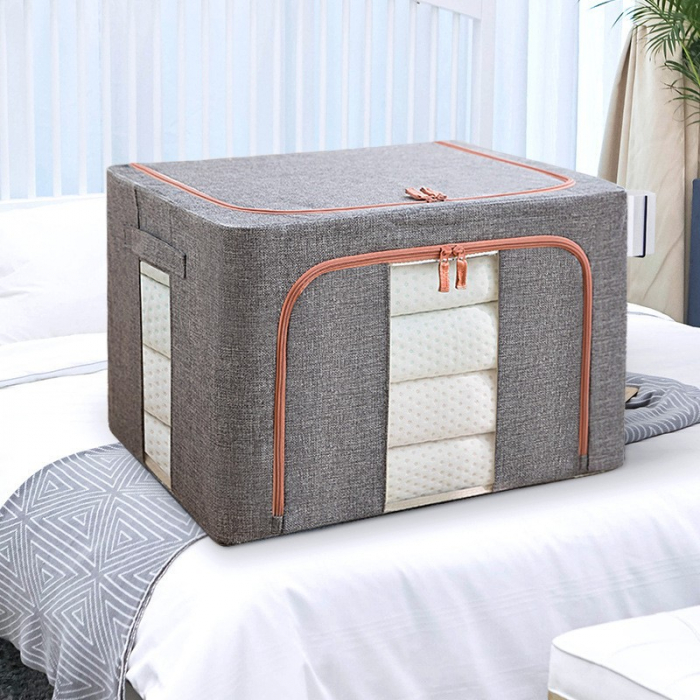 Cutie de depozitare pliabila, Flippy, Cu fermoar, 100 L, Textil, 60x42x40 cm, Cadru Metalic, Suport Baza Stabil din Plastic, Gri, Cu doua ferestre [2]