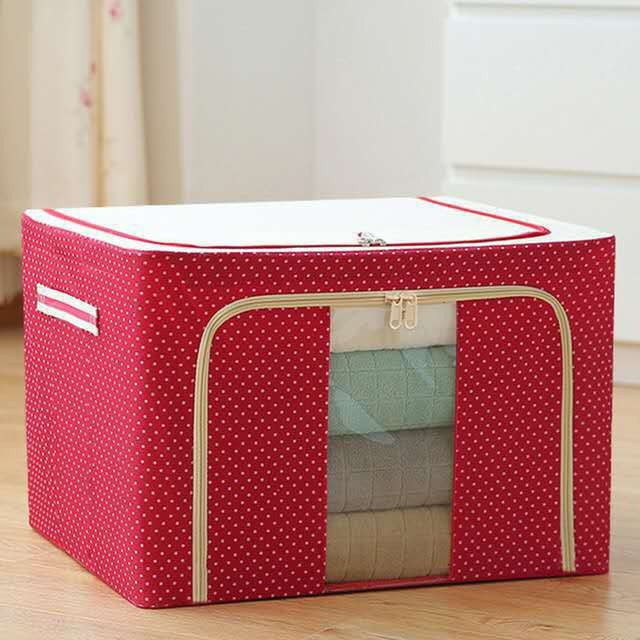 Cutie de Depozitare Pliabila, Flippy, cu Fermoar, 100 L, Textil, 60x42x40 cm, O Fereastra, Cadru Metalic, Suport Baza Stabil din Plastic, imprimeu punctat, Rosu [5]