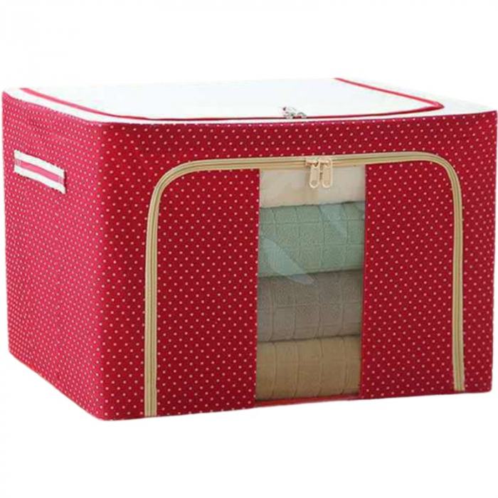 Cutie de Depozitare Pliabila, Flippy, cu Fermoar, 100 L, Textil, 60x42x40 cm, O Fereastra, Cadru Metalic, Suport Baza Stabil din Plastic, imprimeu punctat, Rosu [3]