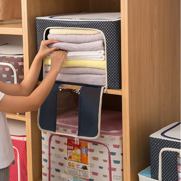Cutie de Depozitare Pliabila, Flippy, Cu Fermoar, 66 L, Textil, 50 x 40 x 33 cm, Cadru Metalic, Suport Baza Stabil din Plastic, Imprimeu Buline, Albastru Marin [4]