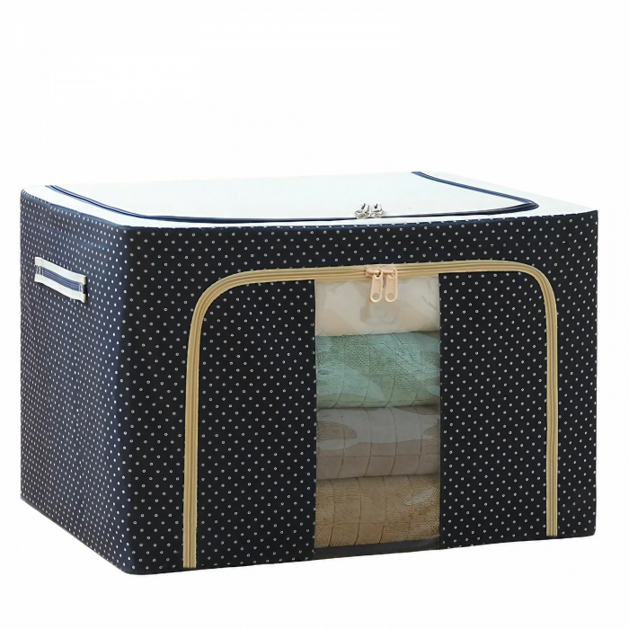 Cutie de Depozitare Pliabila, Flippy, Cu Fermoar, 66 L, Textil, 50 x 40 x 33 cm, Cadru Metalic, Suport Baza Stabil din Plastic, Imprimeu Buline, Albastru Marin [1]