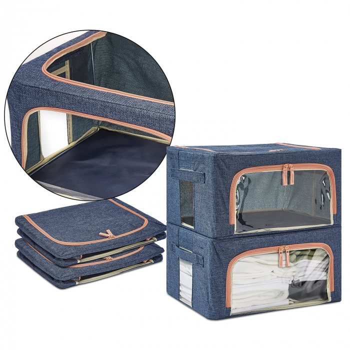 Cutie de depozitare pliabila, Flippy, Cu fermoar, 66 L, Textil, 50x40x33 cm, Albastru Marin, Cadru Metalic, Suport Baza Stabil din Plastic, Cu doua ferestre [3]