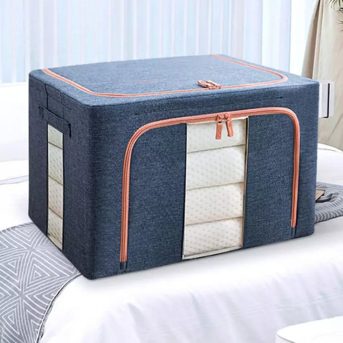 Cutie de depozitare pliabila, Flippy, Cu fermoar, 66 L, Textil, 50x40x33 cm, Albastru Marin, Cadru Metalic, Suport Baza Stabil din Plastic, Cu doua ferestre [2]