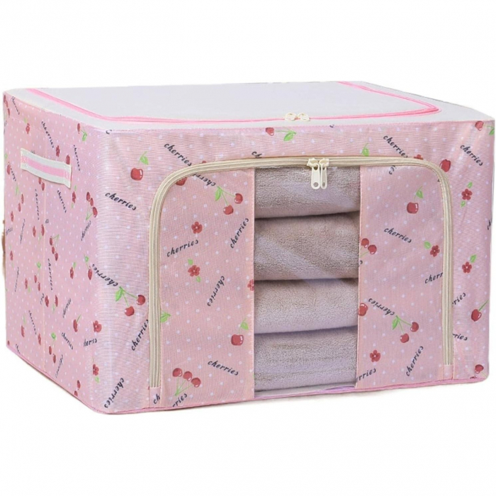 Cutie de Depozitare Pliabila, Flippy, Cu Fermoar, 66 L, Textil, 50x40x33 cm, cu Fereastra, Cadru Metalic, Suport Baza Stabil din Plastic, Imprimeu Cirese, Roz [3]