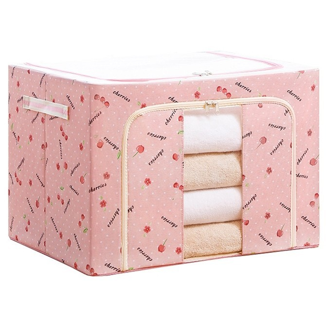 Cutie de Depozitare Pliabila, Flippy, Cu Fermoar, 66 L, Textil, 50x40x33 cm, cu Fereastra, Cadru Metalic, Suport Baza Stabil din Plastic, Imprimeu Cirese, Roz [4]