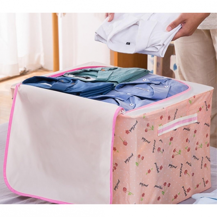 Cutie de Depozitare Pliabila, Flippy, Cu Fermoar, 66 L, Textil, 50x40x33 cm, cu Fereastra, Cadru Metalic, Suport Baza Stabil din Plastic, Imprimeu Cirese, Roz [2]