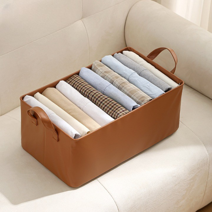 Cutie de Depozitare Tip Cos, Flippy, Material Piele Ecologica, Pliabila, 47x28x20 cm, 26 l, Cadru Metalic, cu Manere, Maro [4]