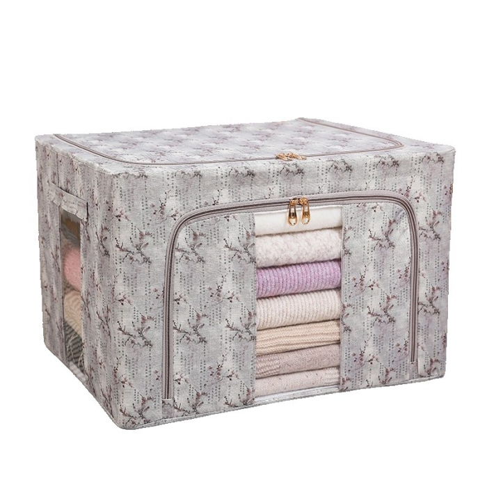 Cutie Depozitare, Flippy, 66L, din Material Textil, 50 x 40 x 33 cm, pentru Haine si Lenjerii, Model Flori de Primavara, Gri [1]