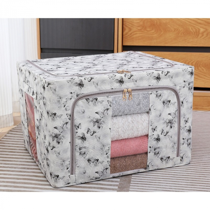 Cutie Depozitare, Flippy, 66L, din Material Textil, 50 x 40 x 33 cm, pentru Haine si Lenjerii, Model Fluturasi, Gri/Auriu [2]
