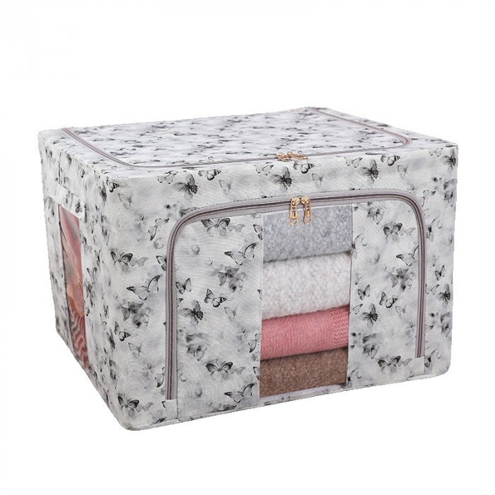 Cutie Depozitare, Flippy, 66L, din Material Textil, 50 x 40 x 33 cm, pentru Haine si Lenjerii, Model Fluturasi, Gri/Auriu [1]