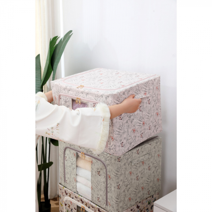 Cutie Depozitare, Flippy, 66L, din Material Textil, 50 x 40 x 33 cm, pentru Haine si Lenjerii, Model Fluturasi, Roz [2]