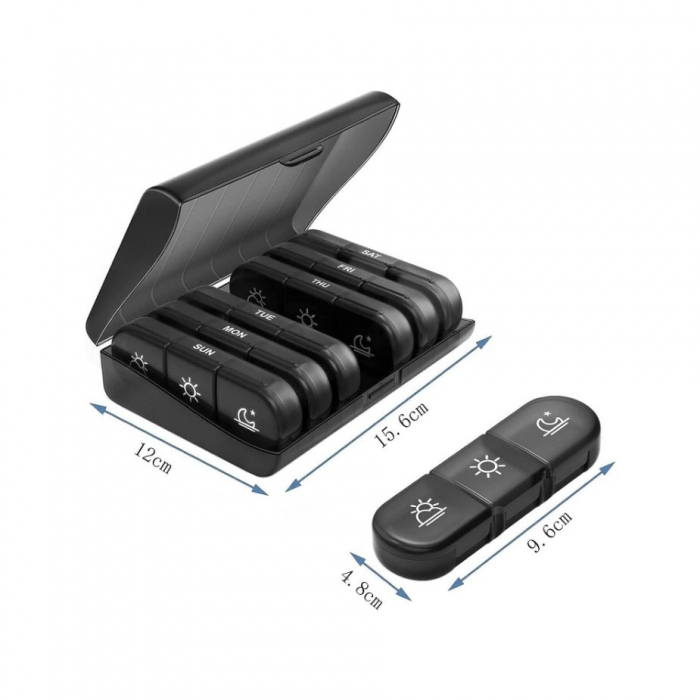 Cutie Depozitare Medicamente, Flippy, 7 Zile, 21 Compartimente, Cutie Suport, Recipiente Detasabile, Portabila, Negru, 15.6x12 cm [6]