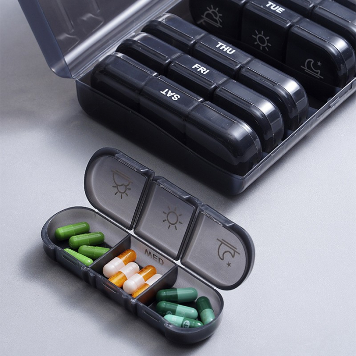 Cutie Depozitare Medicamente, Flippy, 7 Zile, 21 Compartimente, Cutie Suport, Recipiente Detasabile, Portabila, Negru, 15.6x12 cm [5]