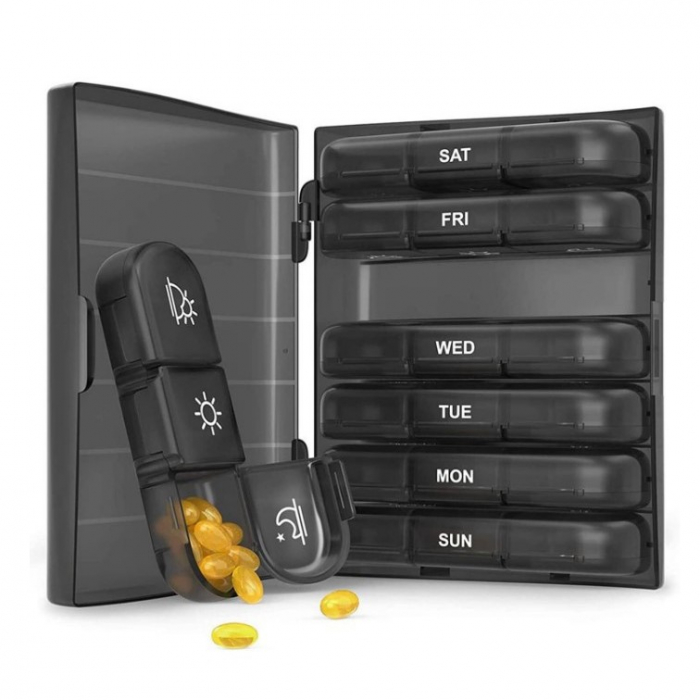 Cutie Depozitare Medicamente, Flippy, 7 Zile, 21 Compartimente, Cutie Suport, Recipiente Detasabile, Portabila, Negru, 15.6x12 cm [7]