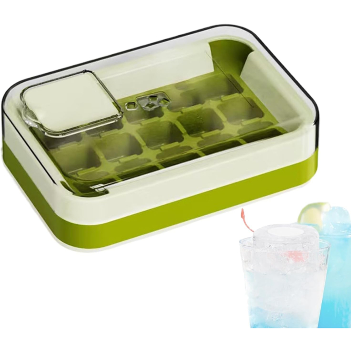 Cutie Gheata, 15 Cuburi, Cu Sistem de Presare Spate, Capac de Umplere și Evacuare, 1 L, 16.5 x 11.2 x 4.5 cm, Verde [2]