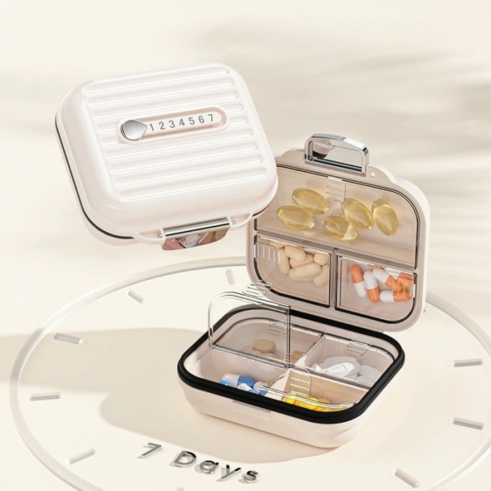 Cutie Medicamente, Flippy, Bej, 7 Compartimente, Portabila si Compacta, 7.8x7.2x3.5 cm, Ideala pentru Uzul Cotidian [3]