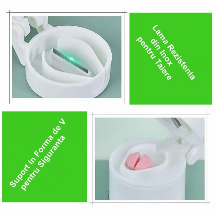Cutie Pastile Multifunctionala, Flippy, 4 in 1, Pahar Apa, Taiere, Sfaramare, Depozitare, Compact, ABS cu Lama din Inox, Alb, 8.7x6.2x4.1 cm [2]