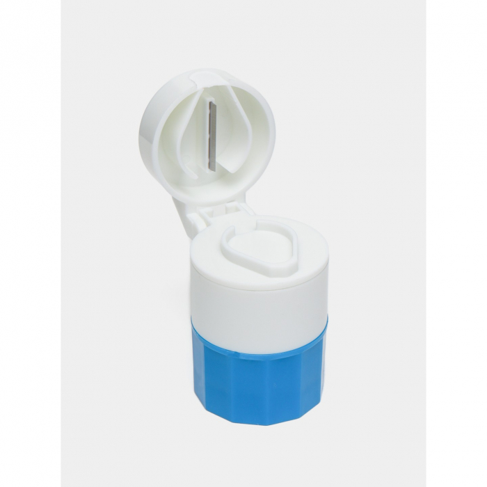 Cutie Pastile Multifunctionala, Flippy, 4 in 1, Pahar Apa, Taiere, Sfaramare, Depozitare, Compact, ABS cu Lama din Inox, Alb/Albastru, 8.7x6.2x4.1 cm [6]
