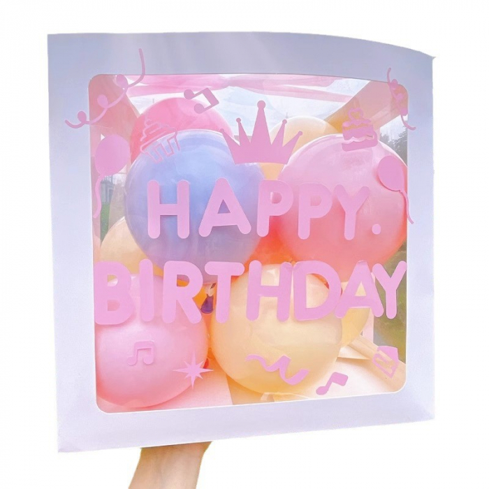 Cutie pentru Baloane, Flippy, Tematica Aniversare, Model Scris Happy Birthday, Baloane Albastre, Roz, Galbene si Panglica Incluse, Contur Alb, Transparenta, 30x30 cm [1]