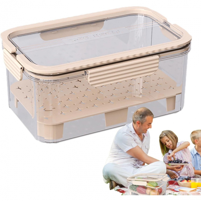 Cutie pentru Depozitare Alimente, Flippy, de Uz Casnic, 2 Compartimente, Zona pentru Gheata, Mentinere Fresh, cu Maner, Material PET, 23x15x10.8 cm, Bej [8]
