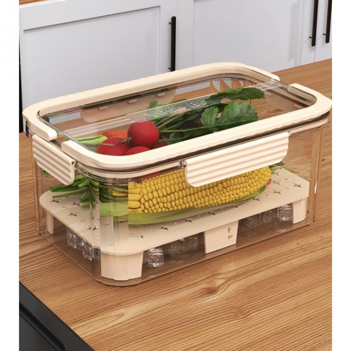 Cutie pentru Depozitare Alimente, Flippy, de Uz Casnic, 2 Compartimente, Zona pentru Gheata, Mentinere Fresh, cu Maner, Material PET, 23x15x10.8 cm, Bej [9]