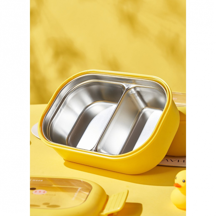 Cutie pentru Pranz sau Gustari, Flippy, cu Doua Compartimente, Model Ratusca, pentru Copii si Adulti, Etansare, PP, Perfect pentru Scoala si Birou, 1000 mL, 22.5x14.5x8 cm, Galben [9]