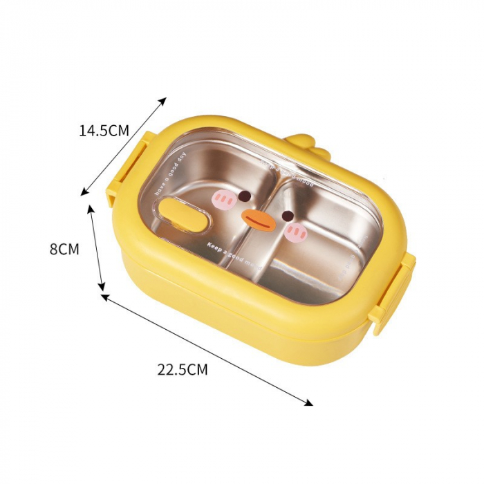 Cutie pentru Pranz sau Gustari, Flippy, cu Doua Compartimente, Model Ratusca, pentru Copii si Adulti, Etansare, PP, Perfect pentru Scoala si Birou, 1000 mL, 22.5x14.5x8 cm, Galben [2]