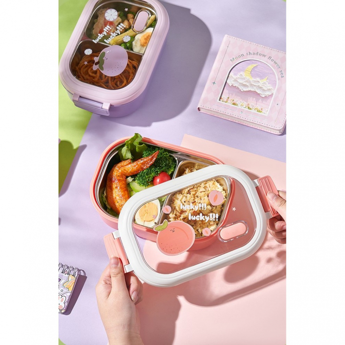 Lichidare Cutie pentru Pranz sau Gustari, Flippy, cu Doua Compartimente, pentru Copii si Adulti, Etansare, PP, Perfect pentru Scoala si Birou, 1000 mL, 22.5x14.5x8 cm, Roz [8]