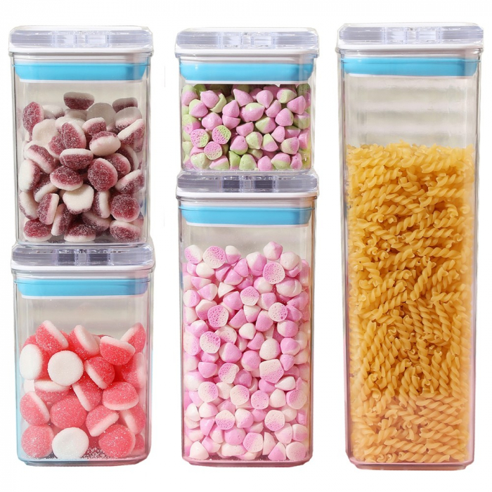 Cutii de Depozitare Alimente, Flippy, Set din 5 Cutii de tip Container, 1x0.5 l, 2x0.8 l, 1x1.2 l, 1x1.9 l, Recipiente pentru Cereale in Bucatarie, Transparente cu Capac Albastru-Alb [1]