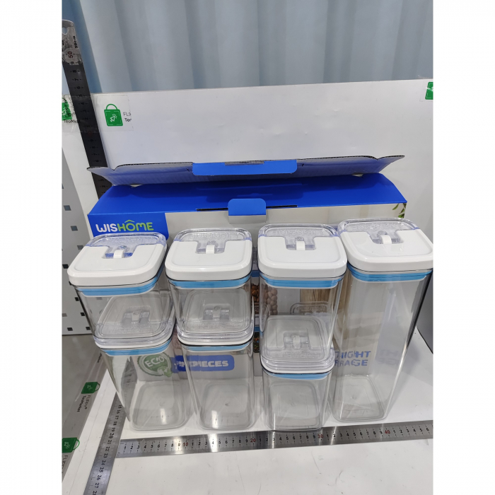 Cutii de Depozitare Alimente, Flippy, Set din 7 Cutii de tip Container, 2x0.5 l, 2x0.8 l, 2x1.2 l, 1x1.9 l, Recipiente pentru Cereale in Bucatarie, Transparente cu Capac Albastru-Alb [3]